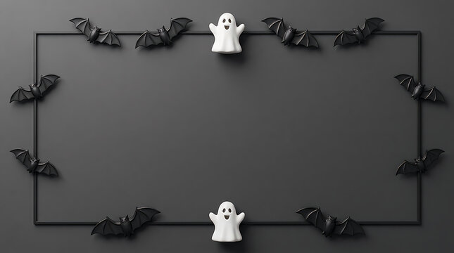 Halloween decorations with miniature ghosts and black bats around a rectangular frame