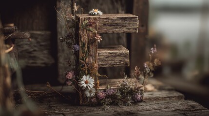 Fototapeta premium Rustic Wooden Letter E Decorated with Wildflowers and Greenery