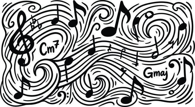 Abstract musical notes seamless pattern background featuring hand drawn doodle lines treble clef and chords vector