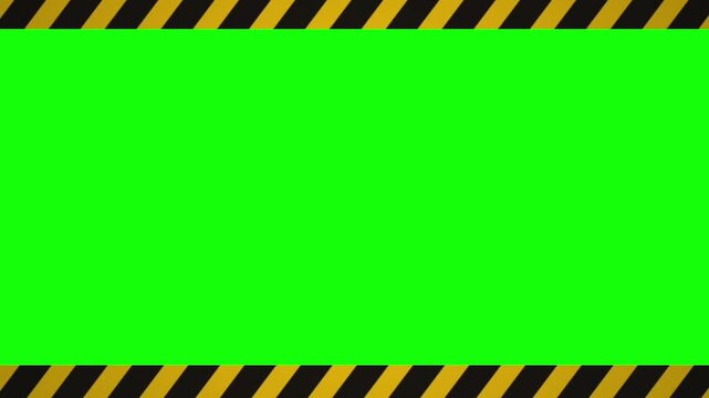 Vibrant green screen chroma key background framed by bold black and yellow hazard tape border