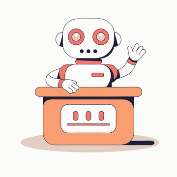 Friendly robot receptionist waving behind a desk, flat vector illustration
