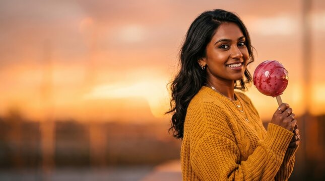 Young woman holding a pink candy apple during a golden hour sunset, representing autumn traditions, seasonal festivities, and joyful outdoor lifestyle moments