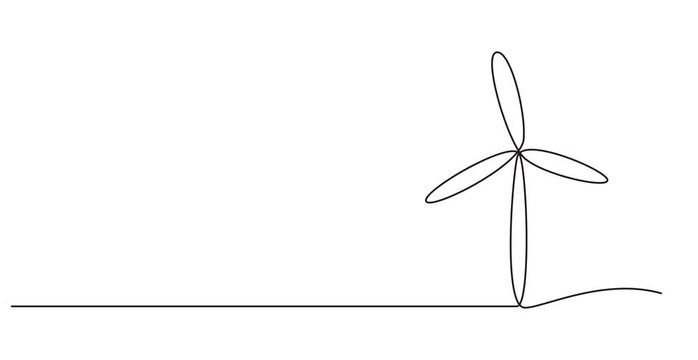 Animated self drawing of Continuous one line drawing of wind turbines eco energy. simple wind turbines outline vector illustration, Wind alternative energy. Hilly terrain with generating.