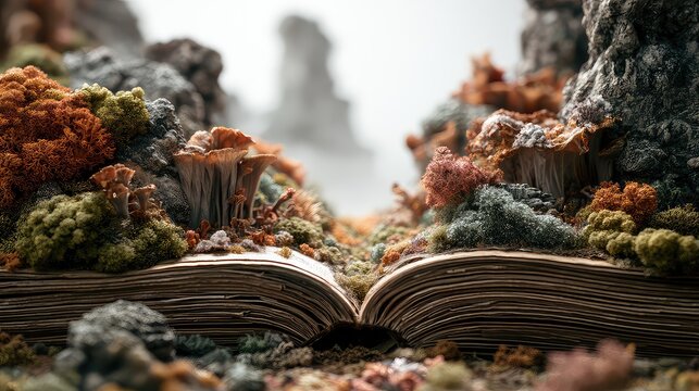 Fantasy Landscape Emerging from Open Book Surrounded by Nature