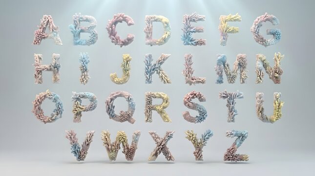 An artistic arrangement of the alphabet featuring diverse nature scenes within each letter form showcasing a whimsical aesthetic