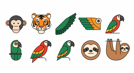 Fototapeta premium Collection of colorful cartoon jungle animals and bird wings.