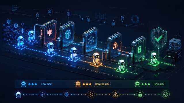 Non-Human Identity concept shows Cybersecurity risk assessment process with robot icons and digital shield protection.