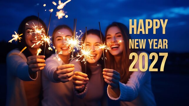 Four friends celebrating new year with sparklers 2027