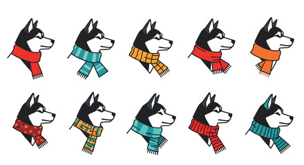 Obraz premium Collection of Siberian Husky dog heads wearing colorful scarves.