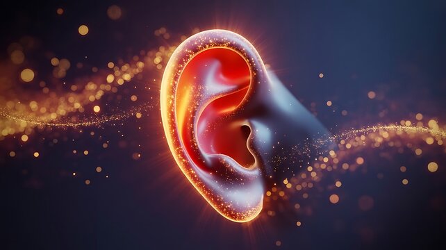 Artistic depiction of a human ear with a glowing golden outline and shimmering light particles floating in a dark blue space for audio concepts