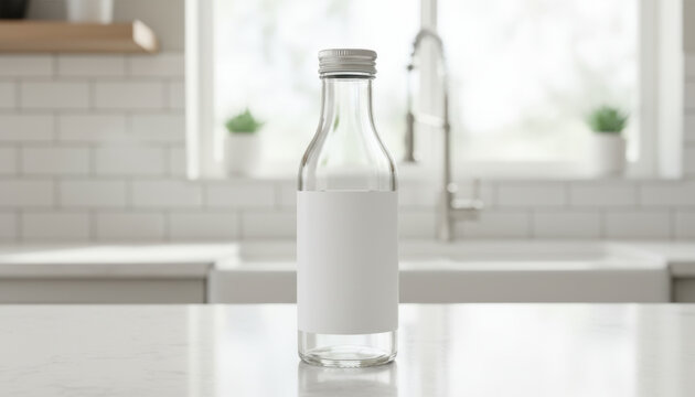 Clear Glass Bottle with White Label on Kitchen Counter
