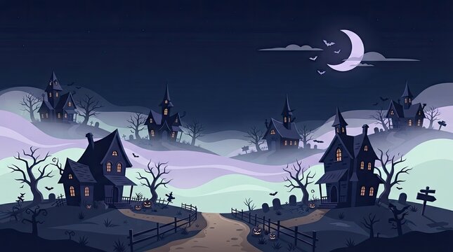 Spooky pixel art landscape featuring haunted houses and a graveyard under a glowing crescent moon at night