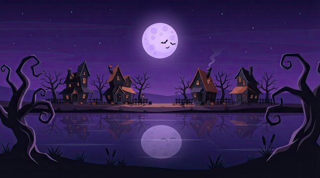Spooky pixel art landscape featuring a full moon over a dark lake with silhouettes of bare trees