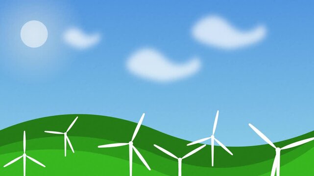 Animated Wind Turbines on Green Hills