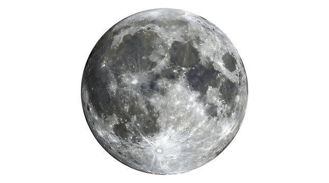 A detailed high resolution photograph of the full moon surface with visible craters and textures isolated on transparent background