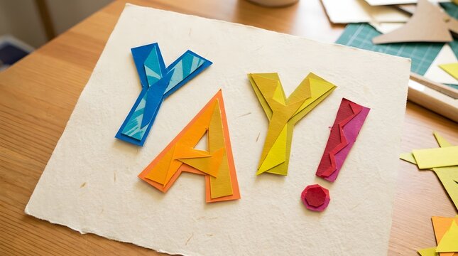 Vibrant and colorful handcrafted letters carefully arranged to spell the word yay on white paper evoke a cheerful and celebratory atmosphere with a blurred backdrop