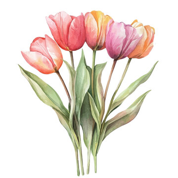 Tulip Bouquet, realistic watercolor artwork on white background
