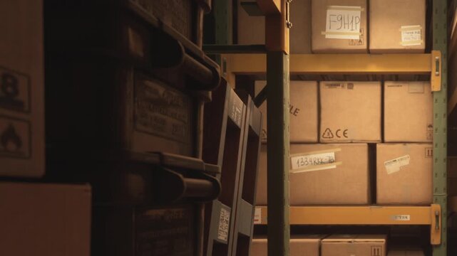 People store boxes on shelves in a storage area. Some boxes have labels showing they contain fragile items. The setting is bright with a focus on organization.