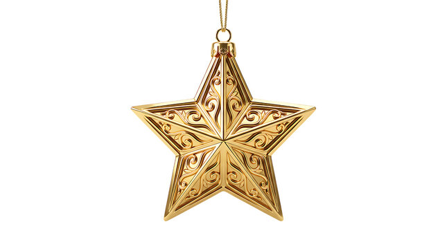 A single ornate gold star christmas tree ornament with intricate patterns and a hanging loop isolated on transparent background