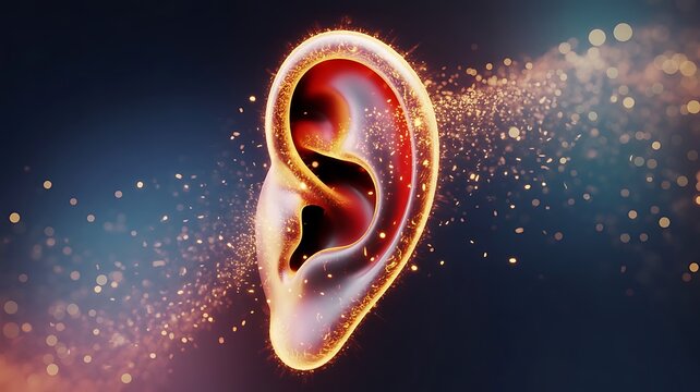 Glowing human ear shape surrounded by swirling golden dust particles and bokeh lights on a dark background, symbolizing advanced audio technology
