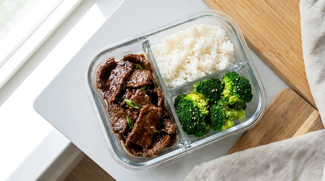 Healthy meal prep lunch box with grilled beef steak broccoli and white rice in a glass container. mongolian beef