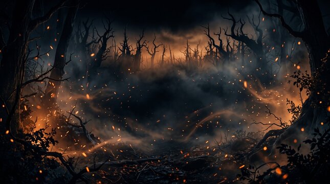 Eerie Spooky Forest at Night with Glowing Embers and Fog Background