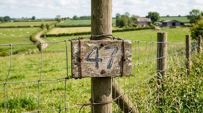 Rustic Farm Fence With Number 47 Sign In Lush Green Countryside Landscape