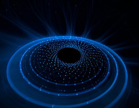Abstract digital artwork depicts a glowing blue vortex emanating from a dark center