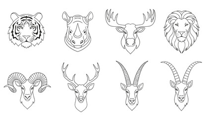 Obraz premium Grid of eight different wild animal head line art drawings, featuring a tiger, lion, stag, ram, and other beasts.