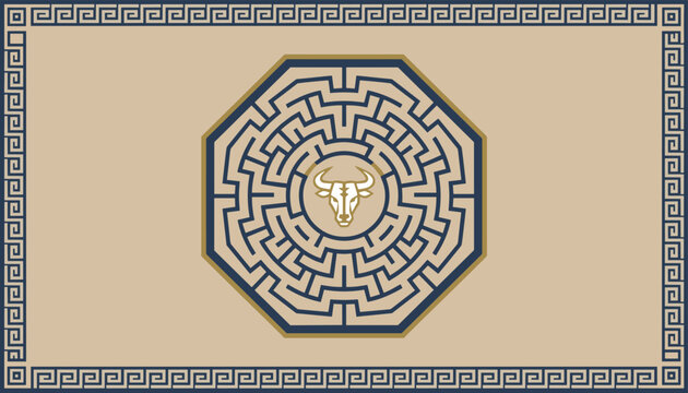 Labyrinth maze graphic containing a bull head at the center, framed by an ancient Greek key border pattern.
