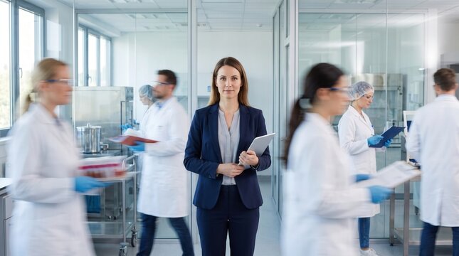 Confident female manager holding a digital tablet standing in a busy laboratory corridor surrounded by professional scientists wearing lab coats while working on various research projects and