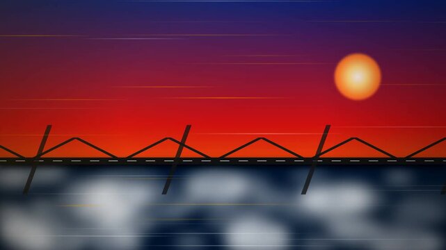 Minimalist vector animation of trucks driving across a bridge during sunset, perfect for transport, logistics and delivery
