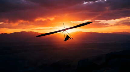 Obraz premium Hang glider silhouetted against dramatic mountain sunset sky.