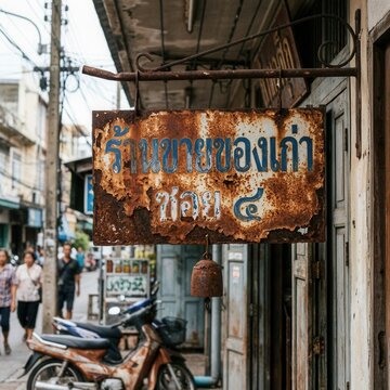 Rustic Vintage Shop Sign In Asian Town With Old Motorcycle And People