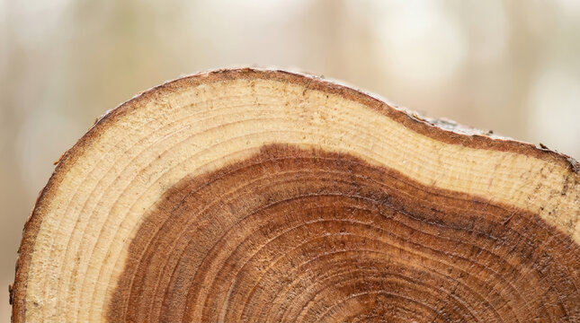 Macro wood grain with curved growth rings, warm brown texture, and natural cut surface revealing organic detail in soft light