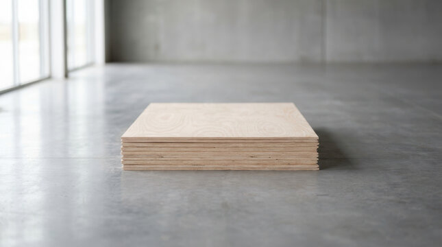 Plywood sheet stack on concrete floor in minimalist industrial interior with soft window light and natural wood texture