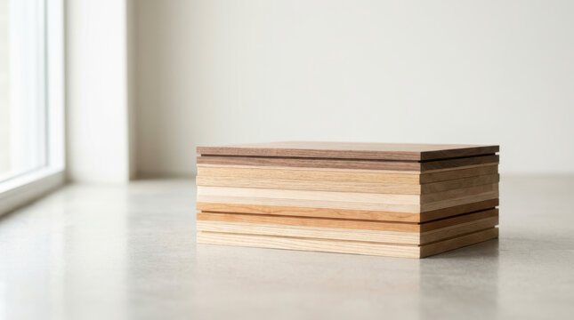 Wooden plank stack beside window in minimalist room, showing layered grain, warm tone, and calm interior light for material design