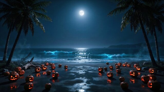 Glowing jack o lanterns scattered on tropical beach sand under moonlight for spooky halloween scenes.