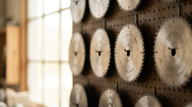 Circular saw blade workshop wall industrial tool display metal blade woodworking equipment sharp edge pegboard craft workshop