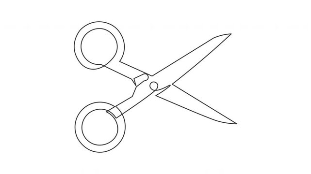 Minimalist continuous line art drawing of opening scissors animation.