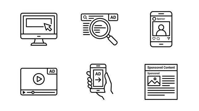Digital Advertising and Marketing Strategy Line Icon Set