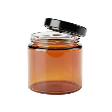 Amber glass jar with metal lid on shelf