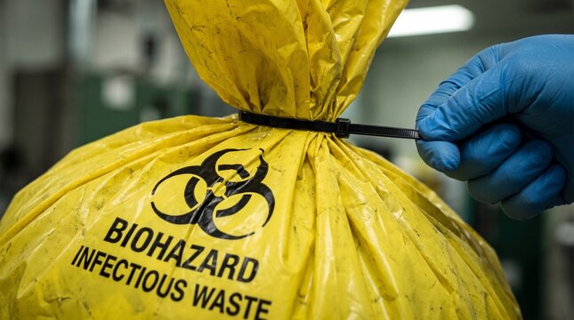 Person sealing yellow biohazard infectious waste bag with glove.