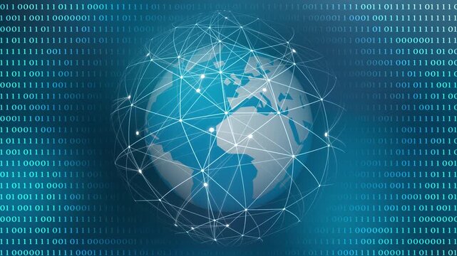 turning earth globe in a sphere from nodes and lines isolated on animated binary code, 3d animation for digital connectivity, big data and ai