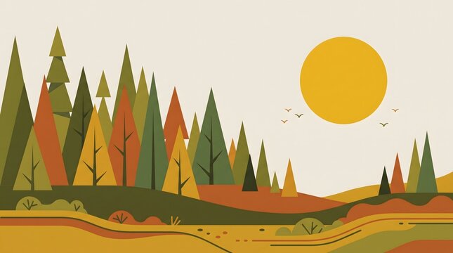 Generative AI flat vector illustration of a stylized forest with geometric triangular trees and a bold yellow sun, using mustard, olive, and earthy tones.