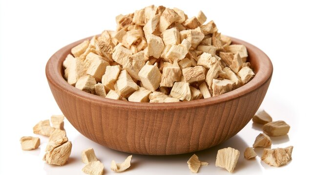 Dried Marshmallow Root Cubes in a Small Wooden Bowl on a White Background