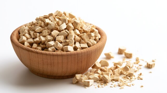 Dried marshmallow root (Althaea officinalis) pieces in a wooden bowl on a white background, herbal medicine ingredient.