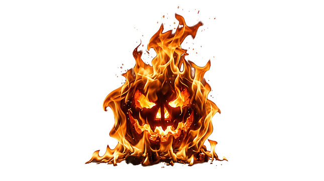 A terrifying glowing jack o lantern pumpkin engulfed in bright orange flames and fire isolated on transparent background