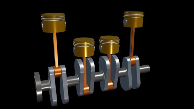 Gold Piston Crankshaft Engine Mechanism 3D Animation on Transparent Background 4K
