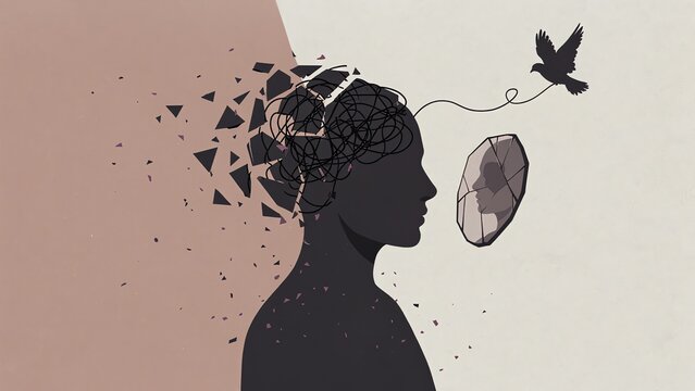 Conceptual illustration of a human head shattering into fragments with a bird symbol representing mental health recovery and inner peace transformation